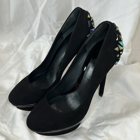 BRIAN ATWOOD Black Suede & Crystal Embellished Platform Heels Ferranta size 7 US - Picture 6 of 11